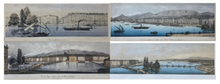 Quatre gravures en couleurs représentant des vues de Genève - 10 x 28 cm (à vue…