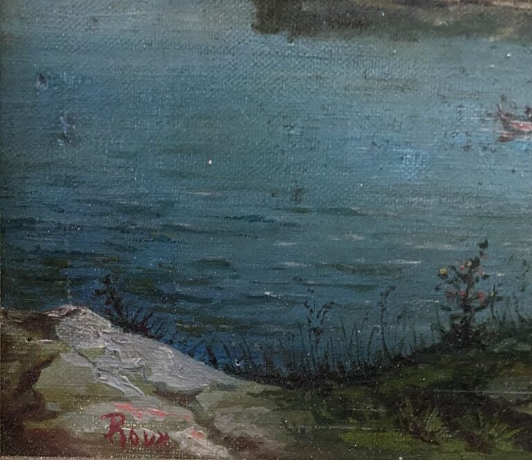 ROUX - Balade en bord de mer - Huile sur toile - Signée en bas à gauche - 26 x…