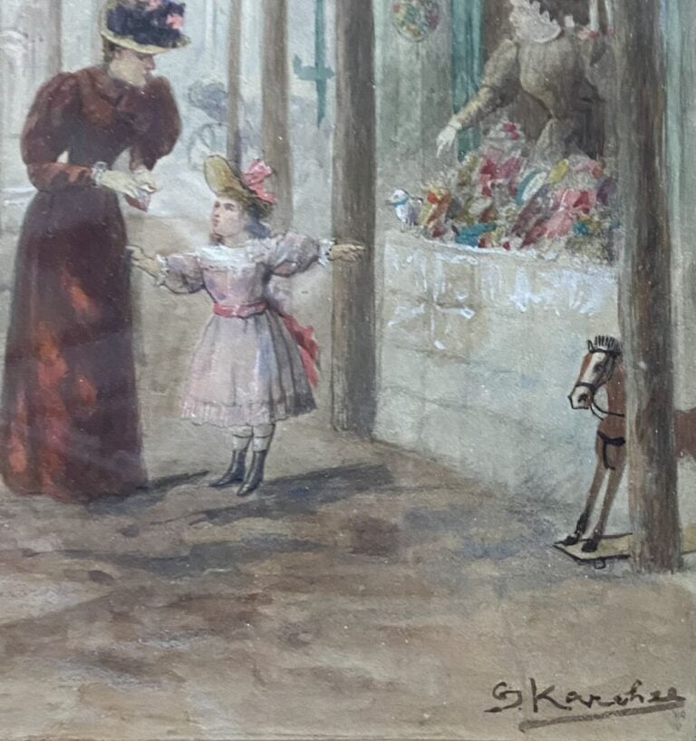 S. KARCHER - Mère et jeune fille au parc - Aquarelle et rehauts - Signé en bas…