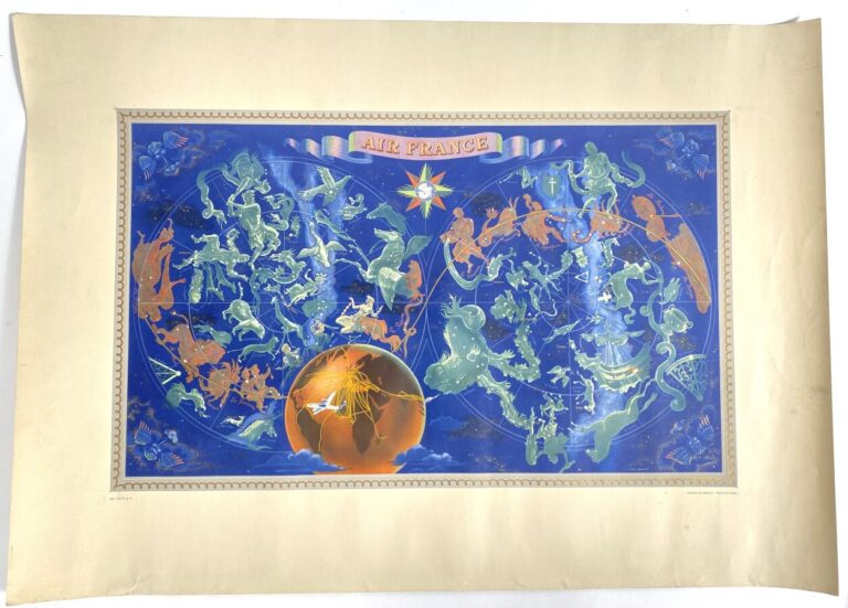 (78) Planisphère de nuit Air France par Lucien Boucher signes du Zodiac 1950, (…