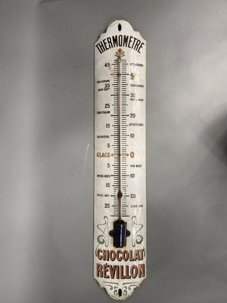 CHOCOLAT REVILLON - Thermomètre publicitaire en tôle émaillée, émaillerie lyonn…
