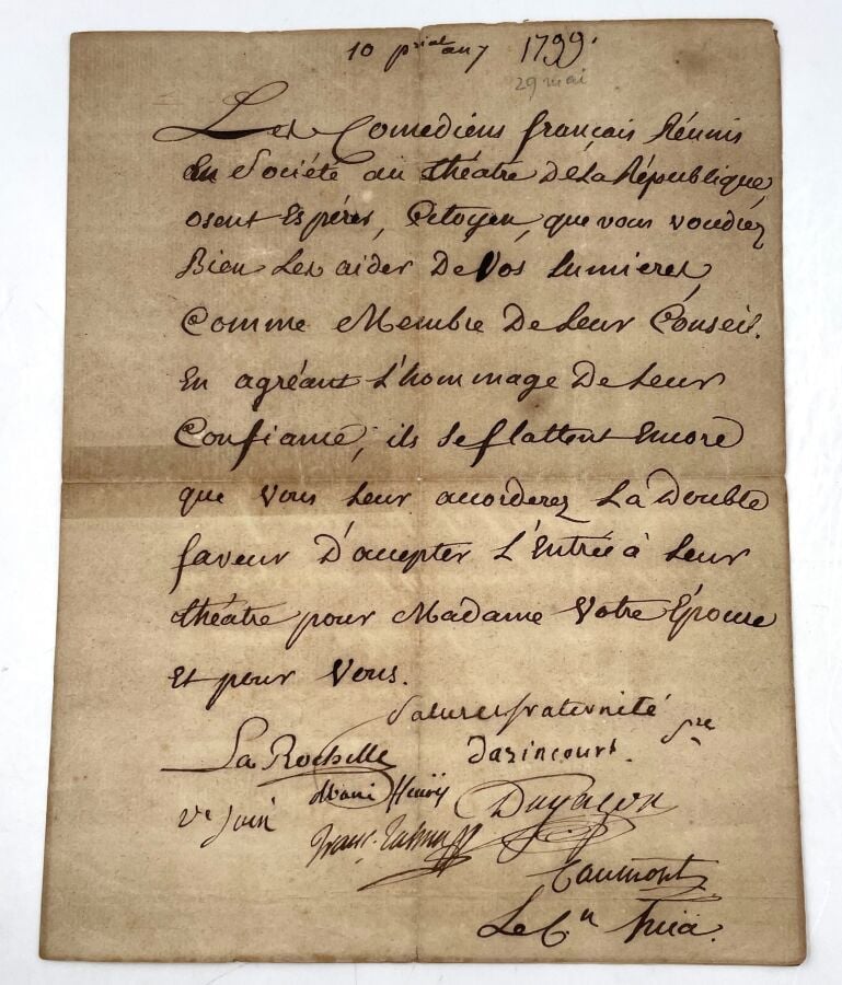 COMÉDIE FRANÇAISE - L.S. par 8 comédiens, 10 prairial VII (29 mai 1799), à un C…