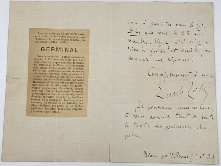 Émile ZOLA. L.A.S., Médan 26 septembre 1884 ; 2 pages in-8. - - Au sujet de Ger…