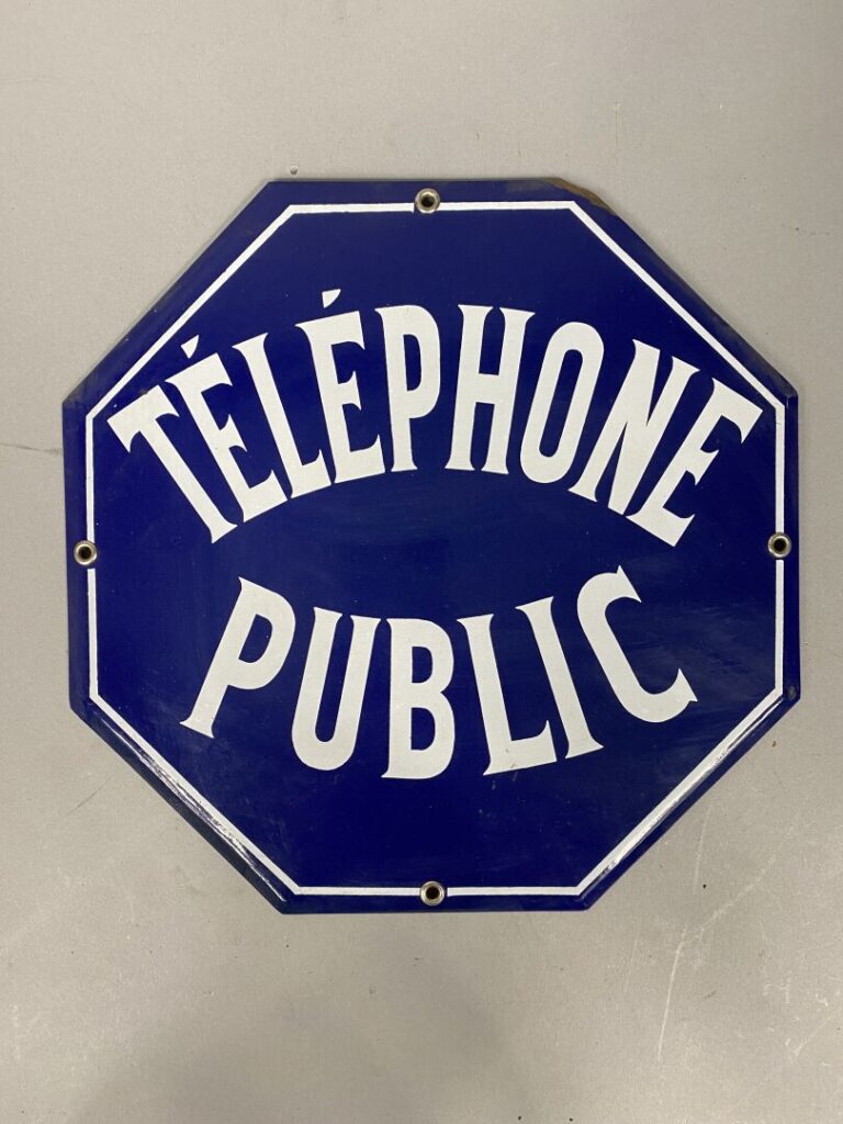 Enseigne "Téléphone public" de forme octogonale sur fond bleu - 30 x 30 cm