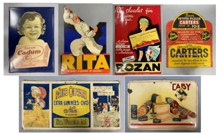 Ensemble d'enseignes publicitaire sur carton, tôle et divers comprenant : - - C…