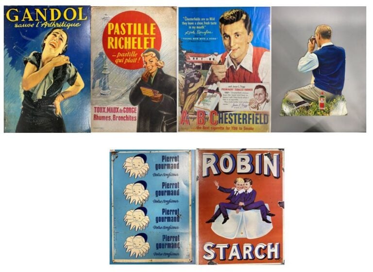 Ensemble d'enseignes publicitaires certaines en carton, tôle, ... comprenant :…