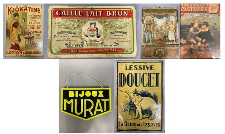 Ensemble d'enseignes publicitaires sur cartons, impression, et divers comprenan…