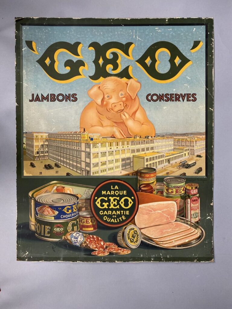 GEO Jambons - Conserves - Carton Publicitaire d'après Joé Bridge - 68 x 55 cm -…