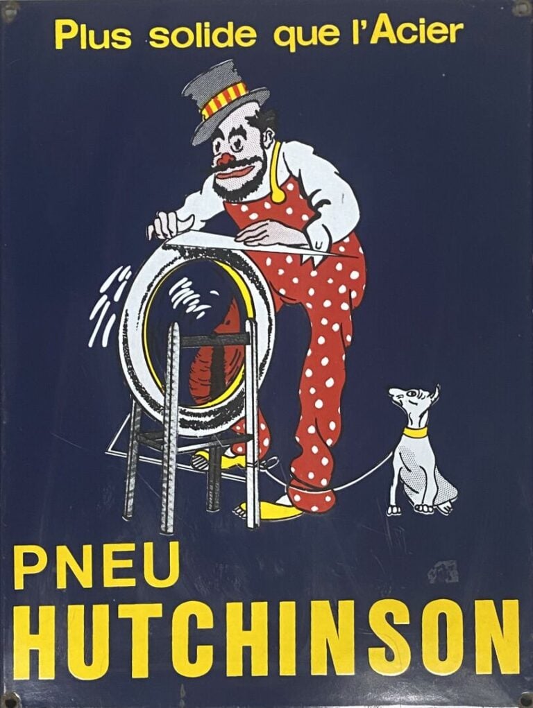 HUTCHINSON - Enseigne en tôle émaillée "Plus solide que l'acier, pneu Hutchinso…