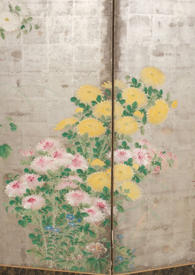 JAPON - début XIXème siècle - Paravent à 6 feuilles à décor sur papier à fond a…