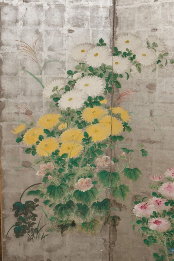 JAPON - début XIXème siècle - Paravent à 6 feuilles à décor sur papier à fond a…