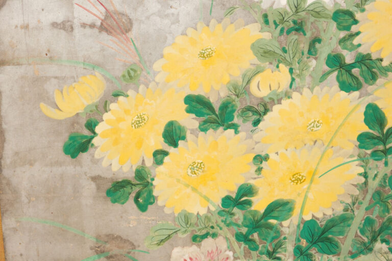 JAPON - début XIXème siècle - Paravent à 6 feuilles à décor sur papier à fond a…