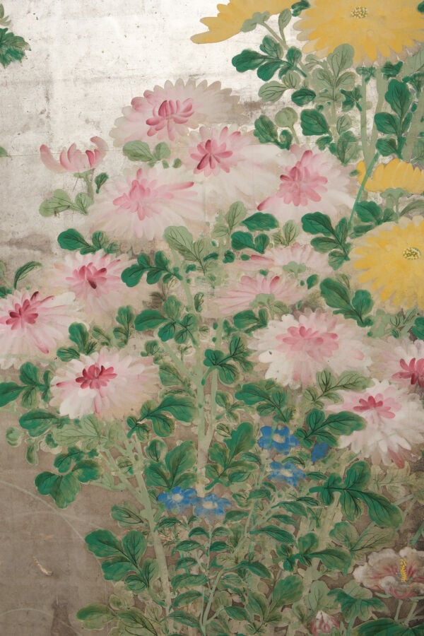 JAPON - début XIXème siècle - Paravent à 6 feuilles à décor sur papier à fond a…