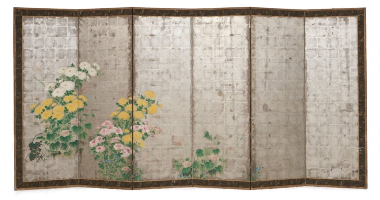 JAPON - début XIXème siècle - Paravent à 6 feuilles à décor sur papier à fond a…