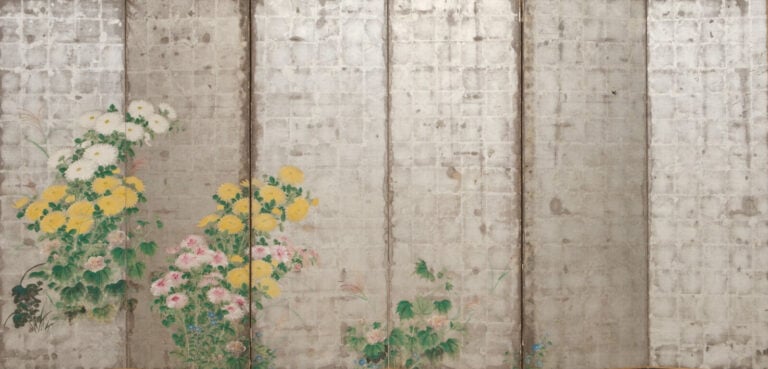 JAPON - début XIXème siècle - Paravent à 6 feuilles à décor sur papier à fond a…