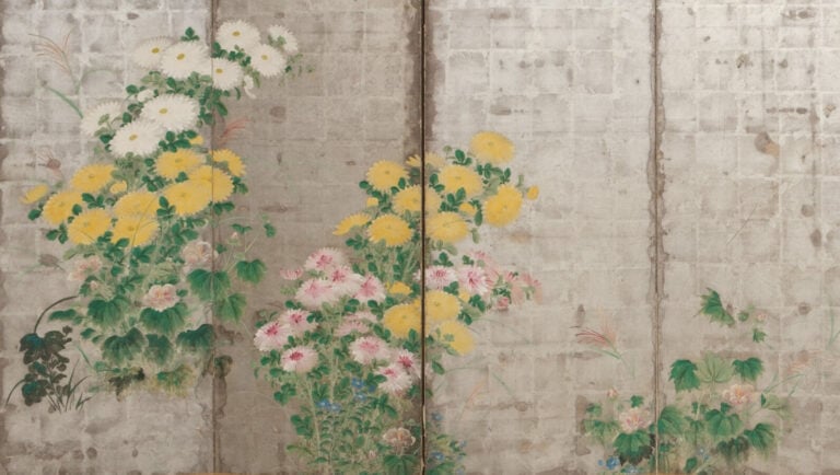 JAPON - début XIXème siècle - Paravent à 6 feuilles à décor sur papier à fond a…