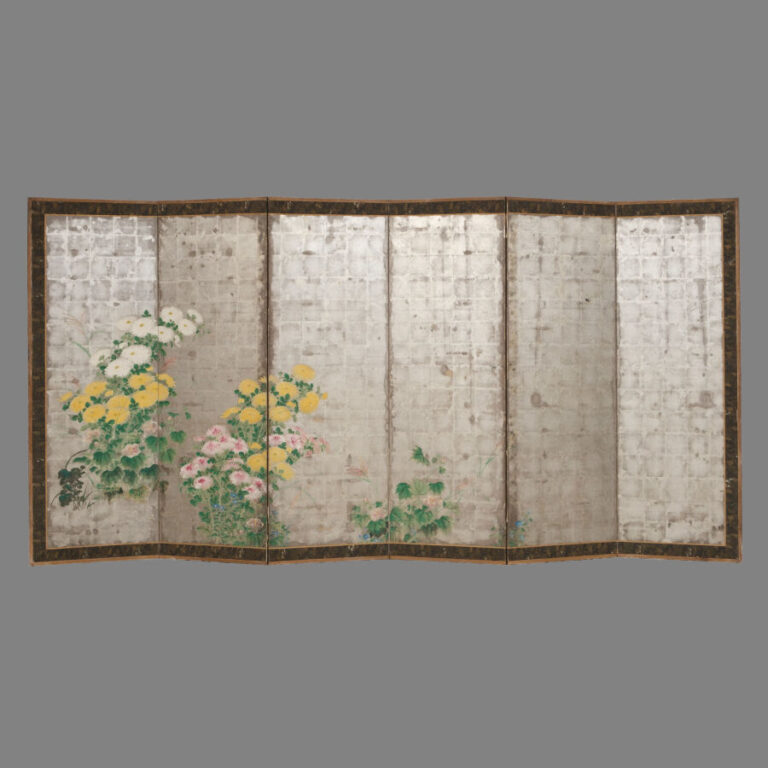 JAPON - début XIXème siècle - Paravent à 6 feuilles à décor sur papier à fond a…
