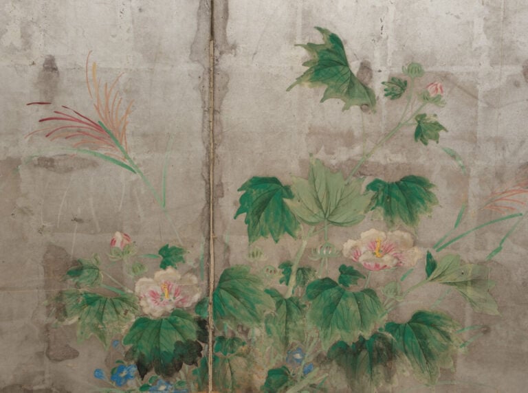 JAPON - début XIXème siècle - Paravent à 6 feuilles à décor sur papier à fond a…