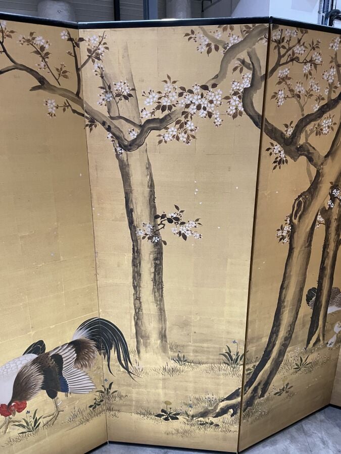 JAPON- Fin XIXème, début XXème - Paravent Byobu à 6 feuilles , à décor sur papi…