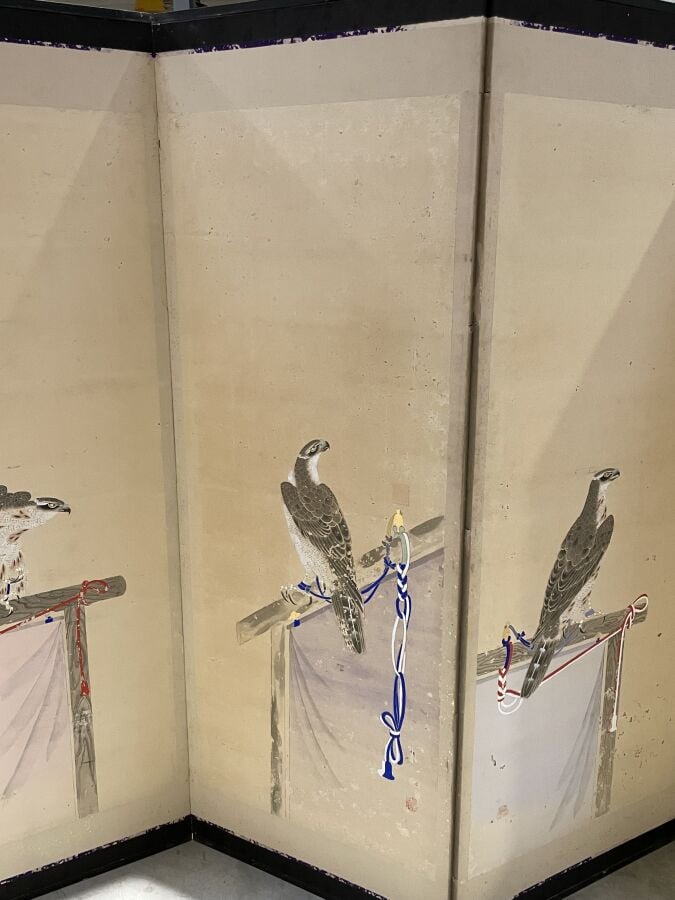 JAPON - XIXème siècle - Paravent Byobu à 6 feuilles, à décor sur papier de 6 oi…