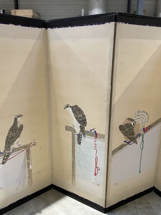 JAPON - XIXème siècle - Paravent Byobu à 6 feuilles, à décor sur papier de 6 oi…