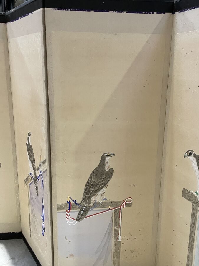 JAPON - XIXème siècle - Paravent Byobu à 6 feuilles, à décor sur papier de 6 oi…
