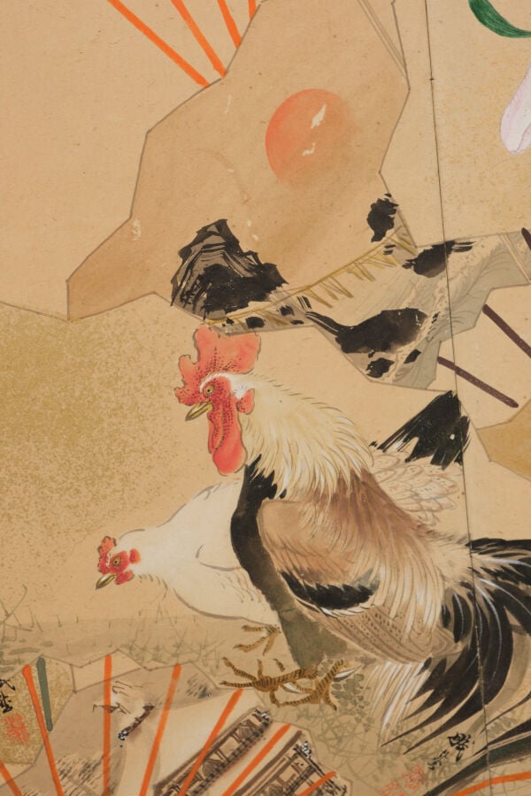 JAPON - XXème - Paravent Byobu à 6 feuilles à décor sur papier de divers éventa…