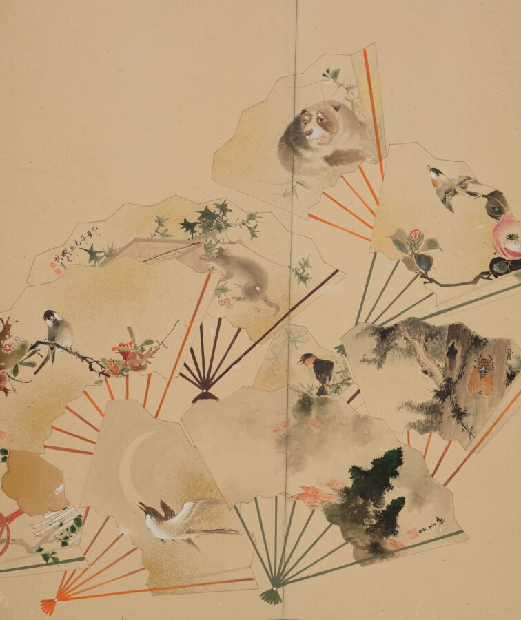 JAPON - XXème - Paravent Byobu à 6 feuilles à décor sur papier de divers éventa…