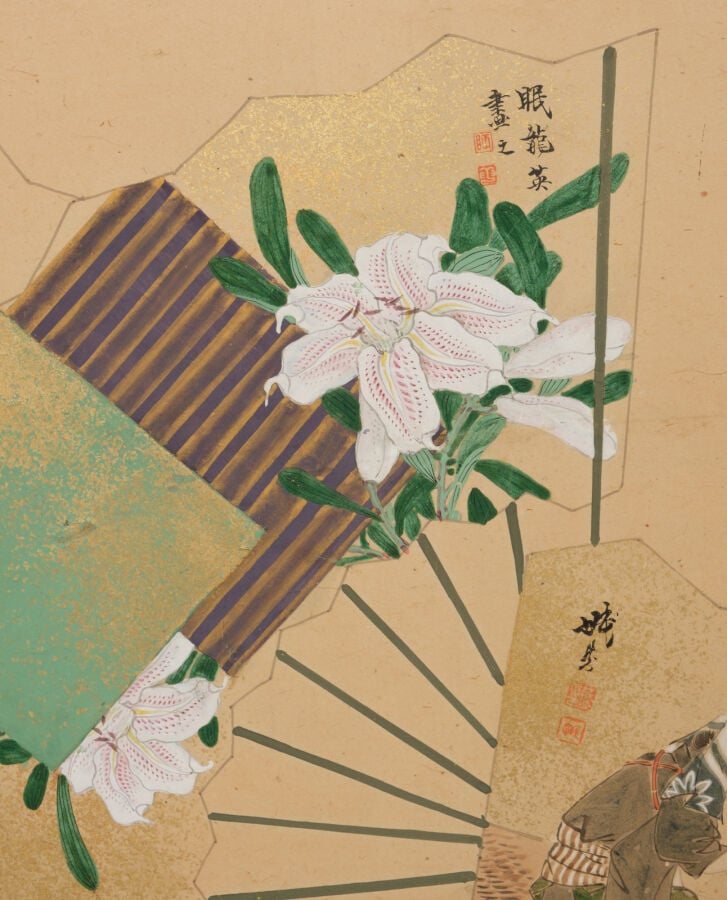 JAPON - XXème - Paravent Byobu à 6 feuilles à décor sur papier de divers éventa…