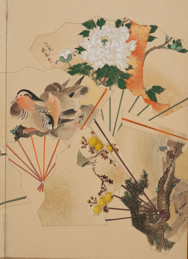 JAPON - XXème - Paravent Byobu à 6 feuilles à décor sur papier de divers éventa…