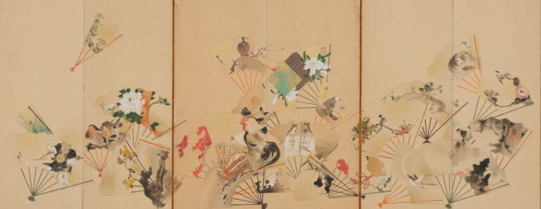 JAPON - XXème - Paravent Byobu à 6 feuilles à décor sur papier de divers éventa…