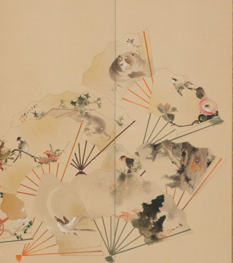 JAPON - XXème - Paravent Byobu à 6 feuilles à décor sur papier de divers éventa…
