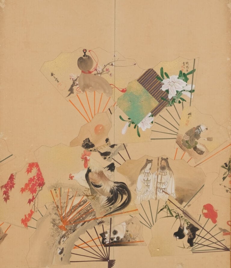 JAPON - XXème - Paravent Byobu à 6 feuilles à décor sur papier de divers éventa…