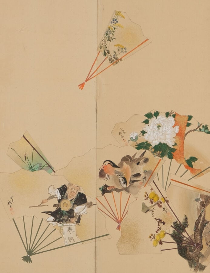 JAPON - XXème - Paravent Byobu à 6 feuilles à décor sur papier de divers éventa…