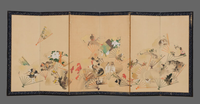 JAPON - XXème - Paravent Byobu à 6 feuilles à décor sur papier de divers éventa…