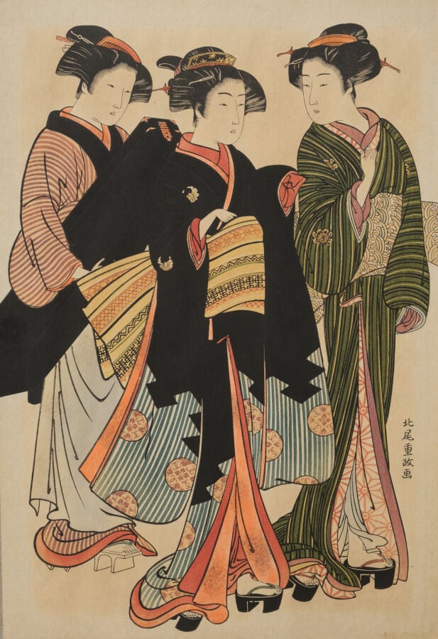 JAPON - XXème siècle. - Paravent à six panneaux, garni de neuf gravures sur boi…