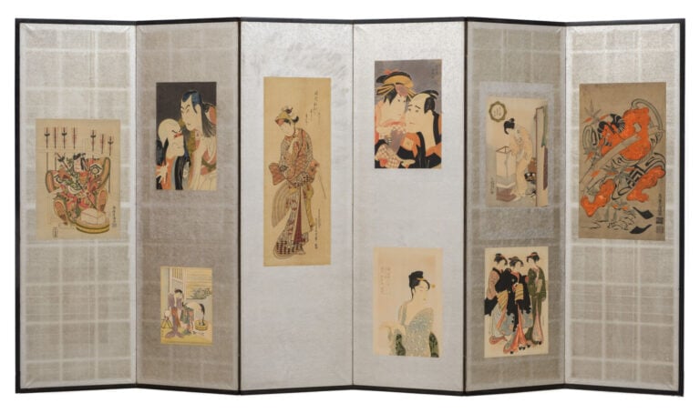 JAPON - XXème siècle. - Paravent à six panneaux, garni de neuf gravures sur boi…