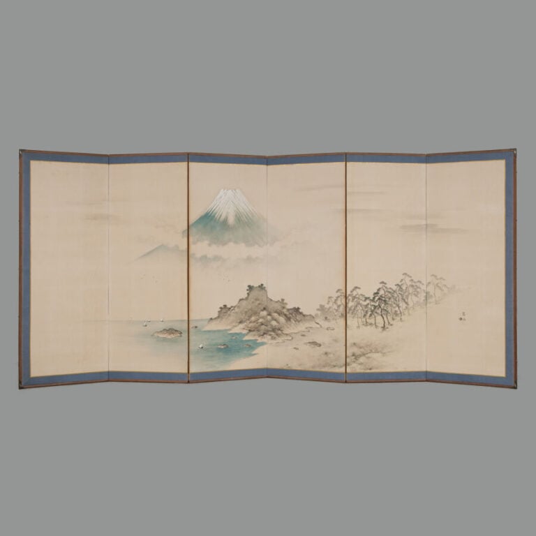 JAPON- XXème siècle - Paravent Byobu à 6 feuilles à décor sur papier d'un litto…