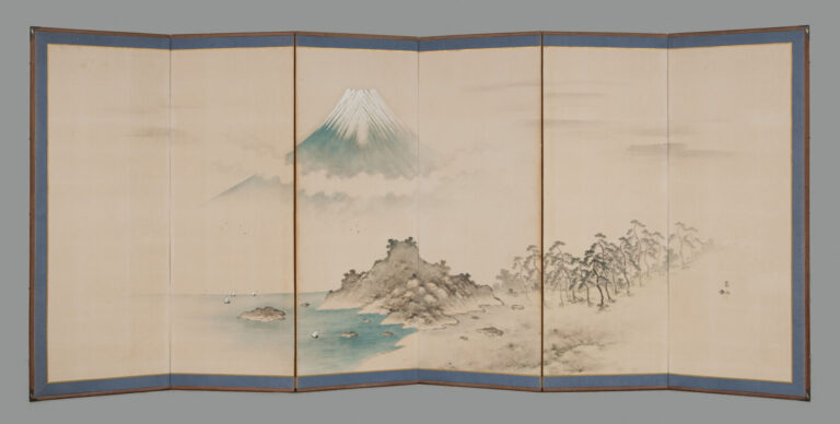 JAPON- XXème siècle - Paravent Byobu à 6 feuilles à décor sur papier d'un litto…