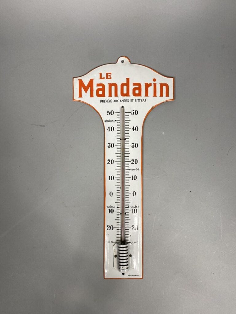 LE MANDARIN - "Préféré aux amers et bitters" - Thermomètre publicitaire tôle ém…
