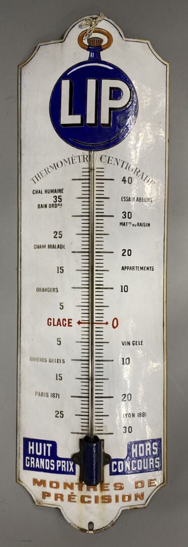 LIP - Plaque thermomètre publicitaire en tôle émaillée, en découpe, illustrée d…