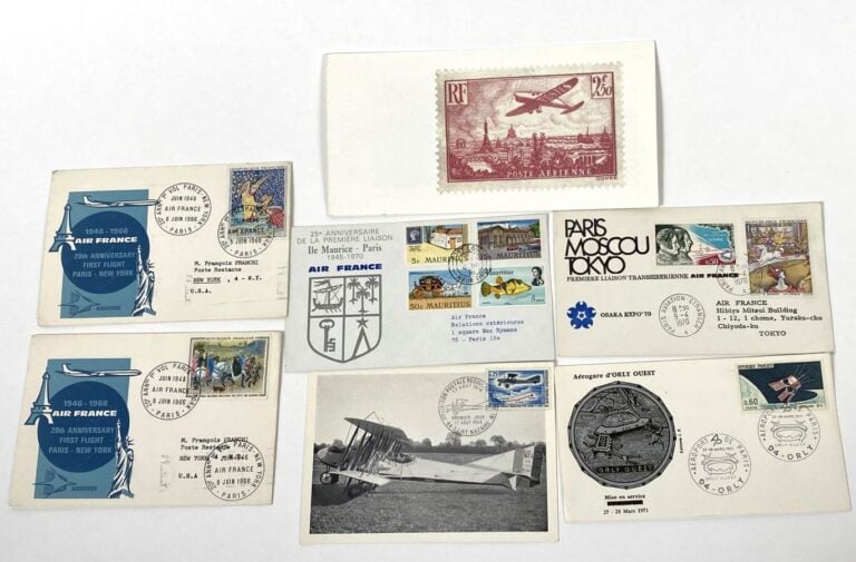 Lot de 7 enveloppes timbrées 1er vol AF pour : - -AF Iles Maurice-Paris 1945-19…