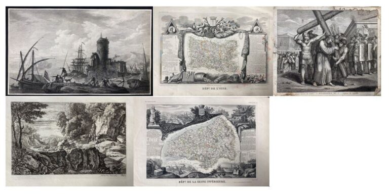 Lot de gravures et reproductions comprenant des cartes, vue de ruines, portrait…