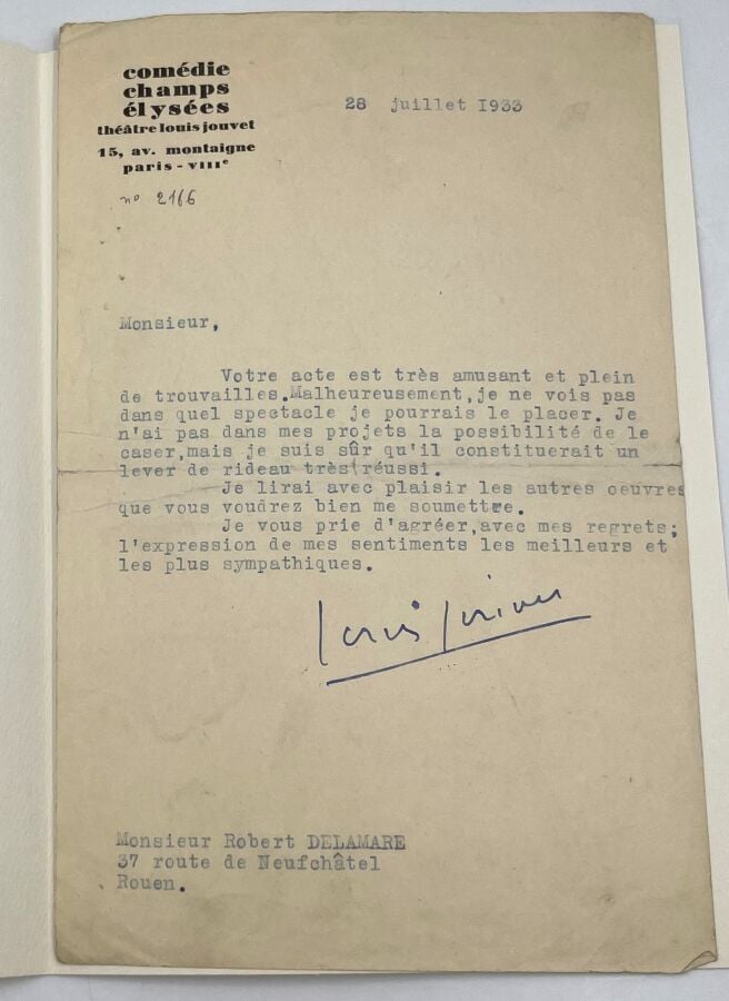 Louis JOUVET. - 2 L.A.S., Levallois mai-août 1907, à Aline BORDAS ; 6 pages et…