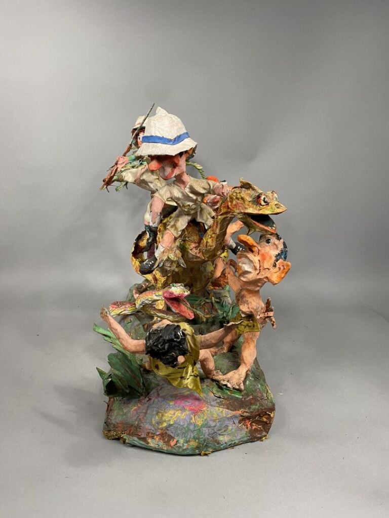 Maquette de char de Carnaval en papier mâché peint polychrome figurant une scèn…