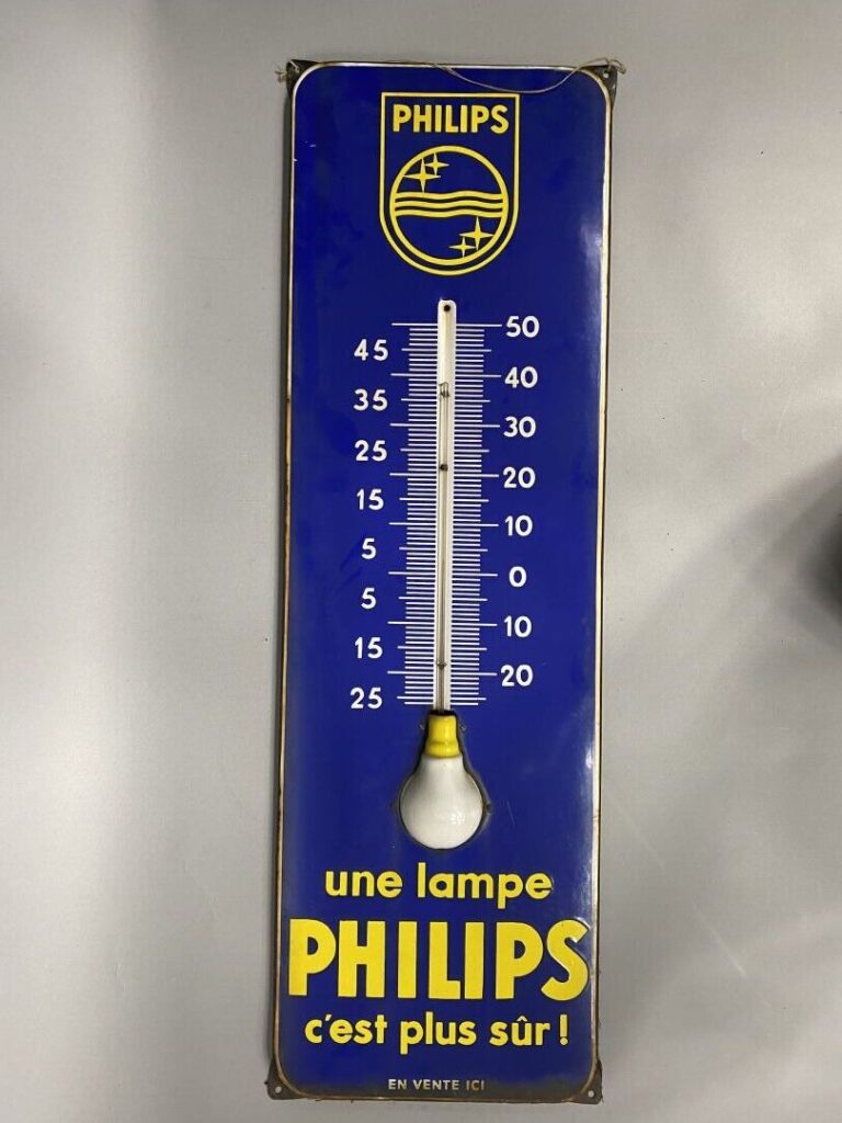 PHILIPS - "Une Lampe Philips c'est plus sûr" - Thermomètre émaillé plat à oreil…