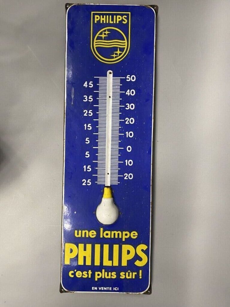PHILIPS - "Une Lampe Philips c'est plus sûr" - Thermomètre publicitaire émaillé…