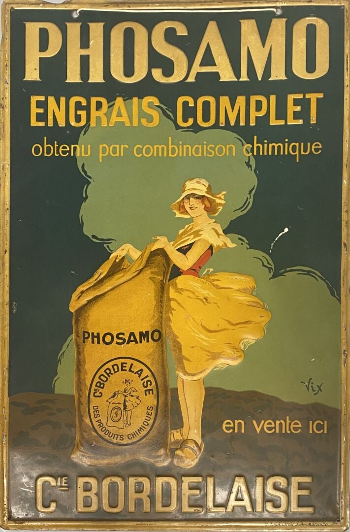 PHOSAMO - Enseigne publictaire en tôle à décor légèrement en relief " Phosamo,…