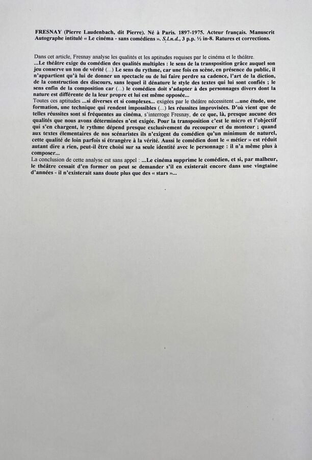 Pierre FRESNAY - Manuscrit autographe, Le Cinéma sans comédiens ; 3 pages et de…