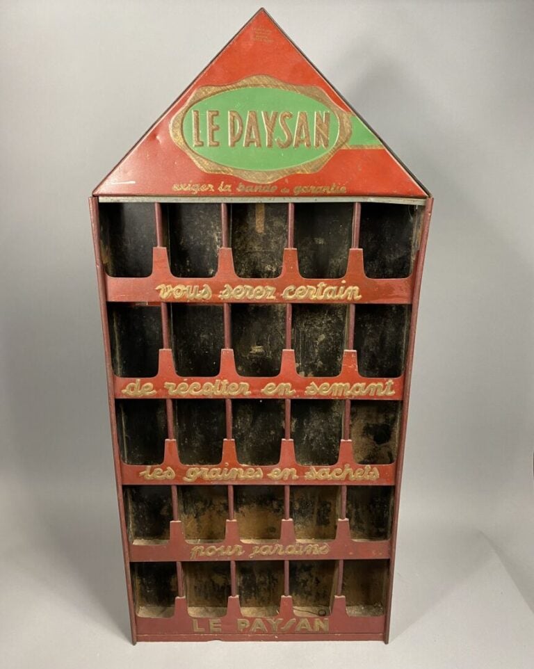 Présentoir publicitaire "Le Paysan", porte-graines en métal dans les tons rouge…